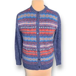 Vintage 90s Fair Isle Navy Blue Burgundy Knit Cardigan Sweater Medium Nordic